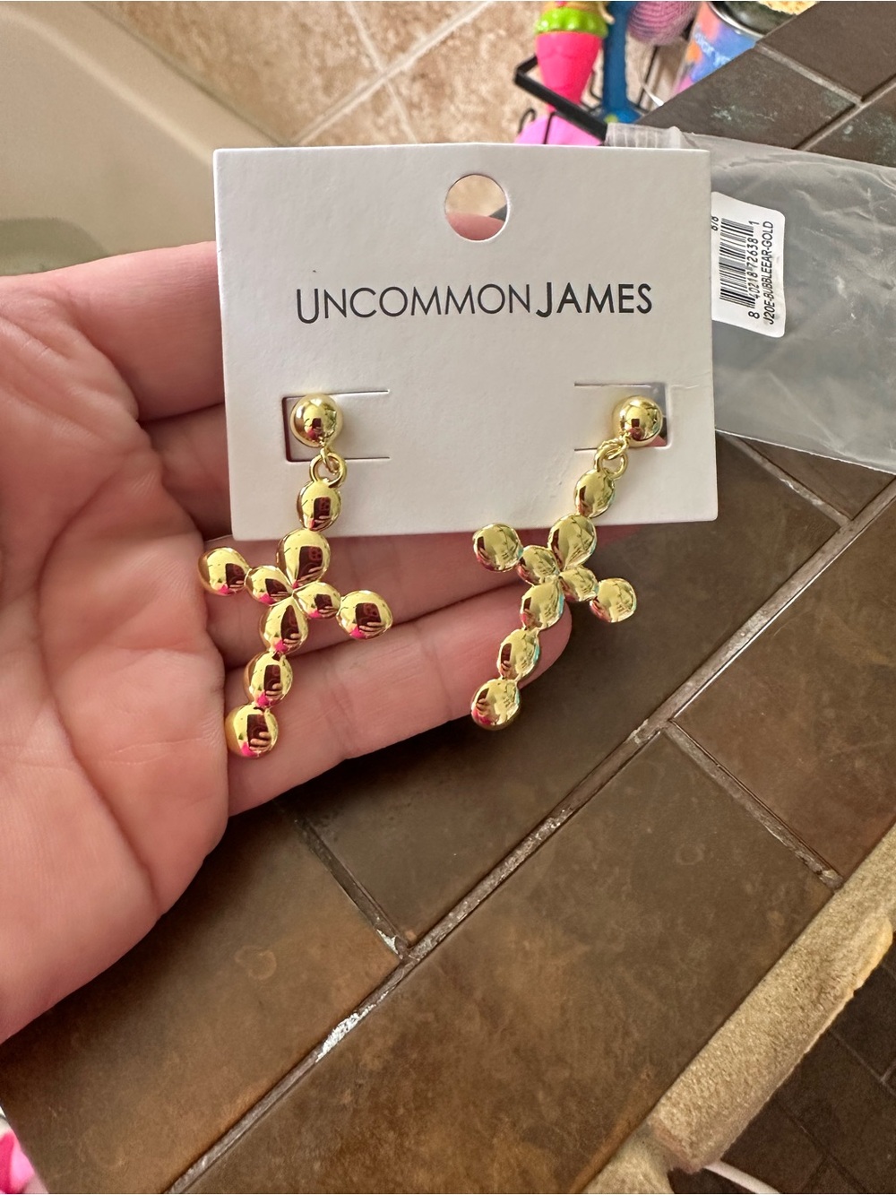 Uncommon James Shiny Gold Beaded Cross Dangle Earrings